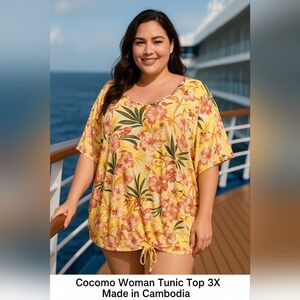 Cocomo Woman 3X Floral Tropical Tie-Front Kimono Sleeve Tunic Top Resort Cruise